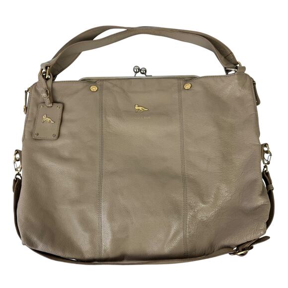 Emma Fox Taupe Leather Kiss Lock XL Size Gold Tone Hardware Shoulder Bag Purse - Picture 1 of 17